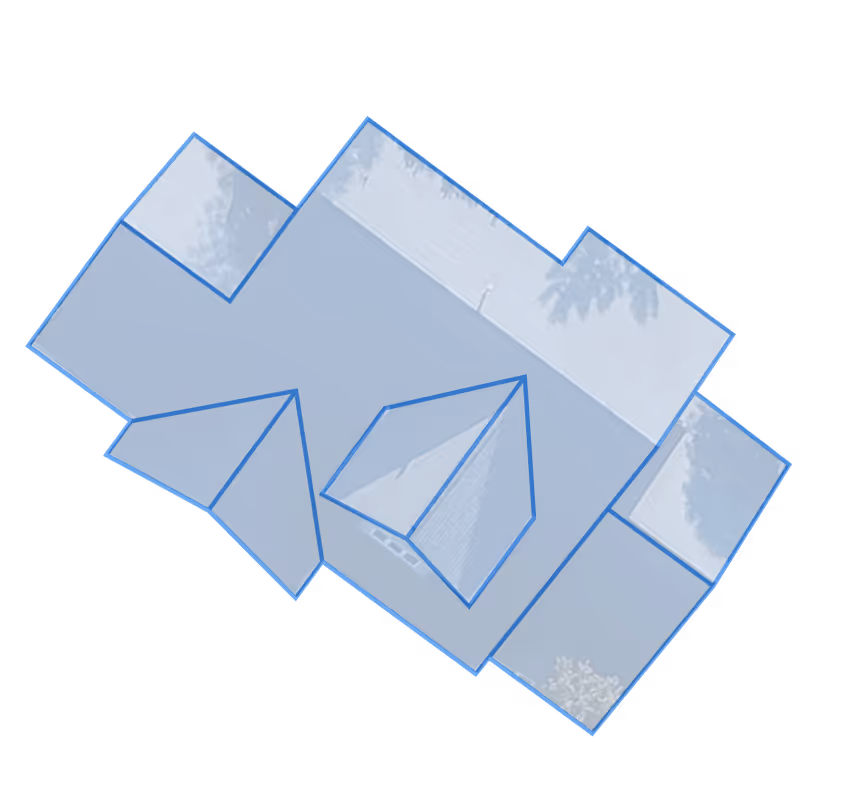 Aerial view of a house rooftop with blue polygon overlays marking different roof sections.