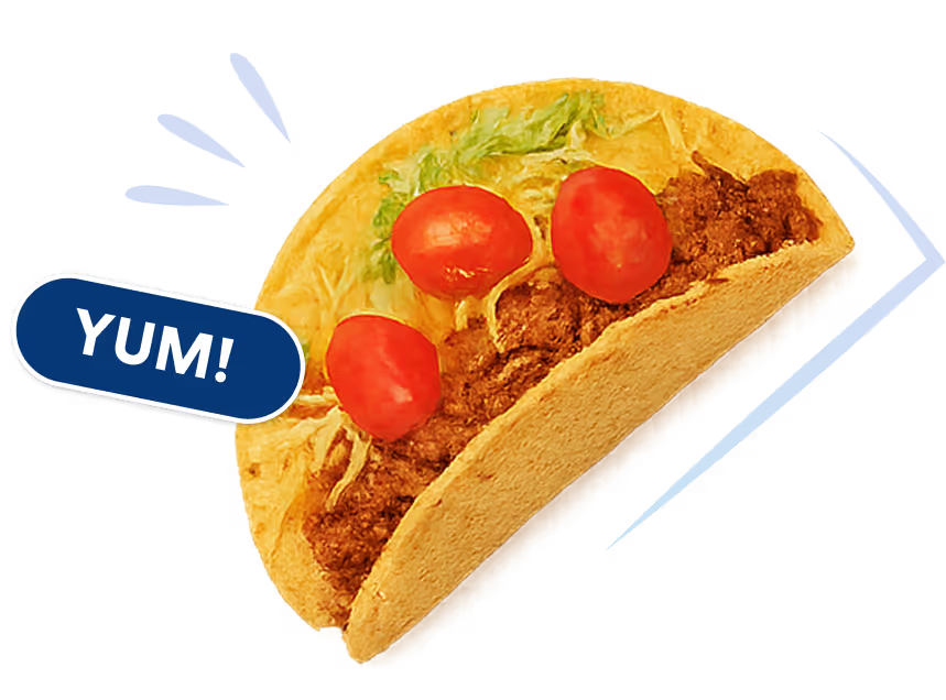 Hard shell taco with ground beef, shredded lettuce, and tomato slices, with a blue “YUM!” text graphic beside it.