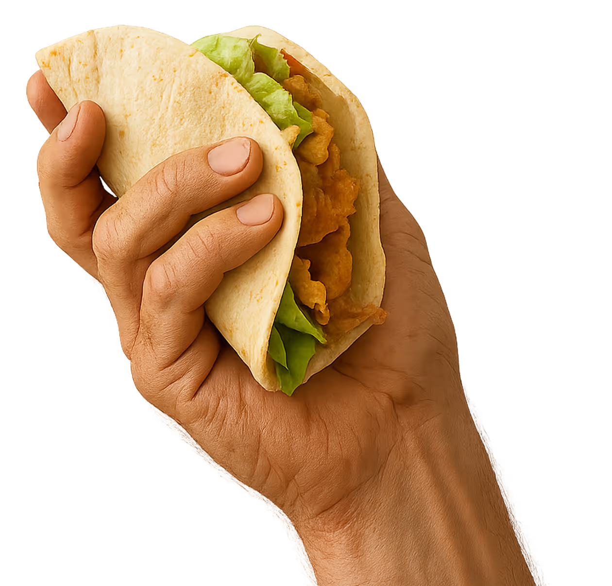 Hand holding a soft taco with lettuce and crispy fried chicken inside a tortilla wrap.