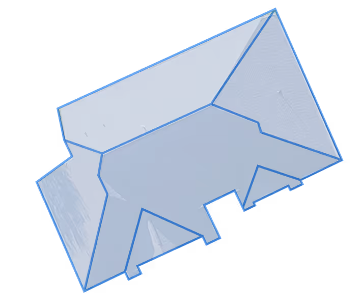 Aerial view of a house rooftop with blue polygon overlays marking different roof sections.