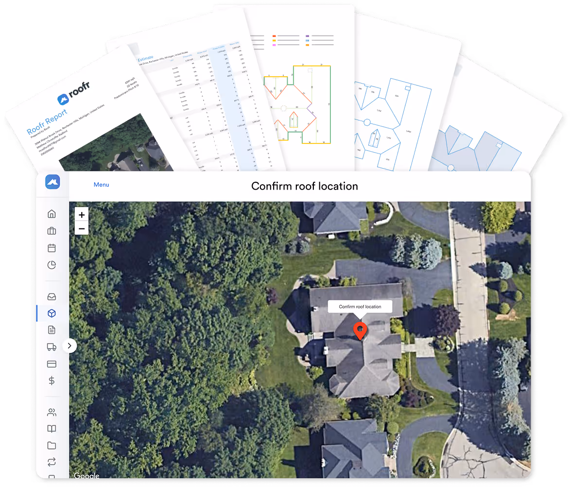 Roofr roofing software showing a sample roof report, measurement diagrams, and Google Maps aerial view for confirming roof location.