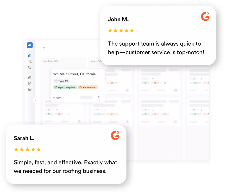 Customer reviews of Roofr software highlighting fast support and effective roofing business tools, featuring G2 ratings.