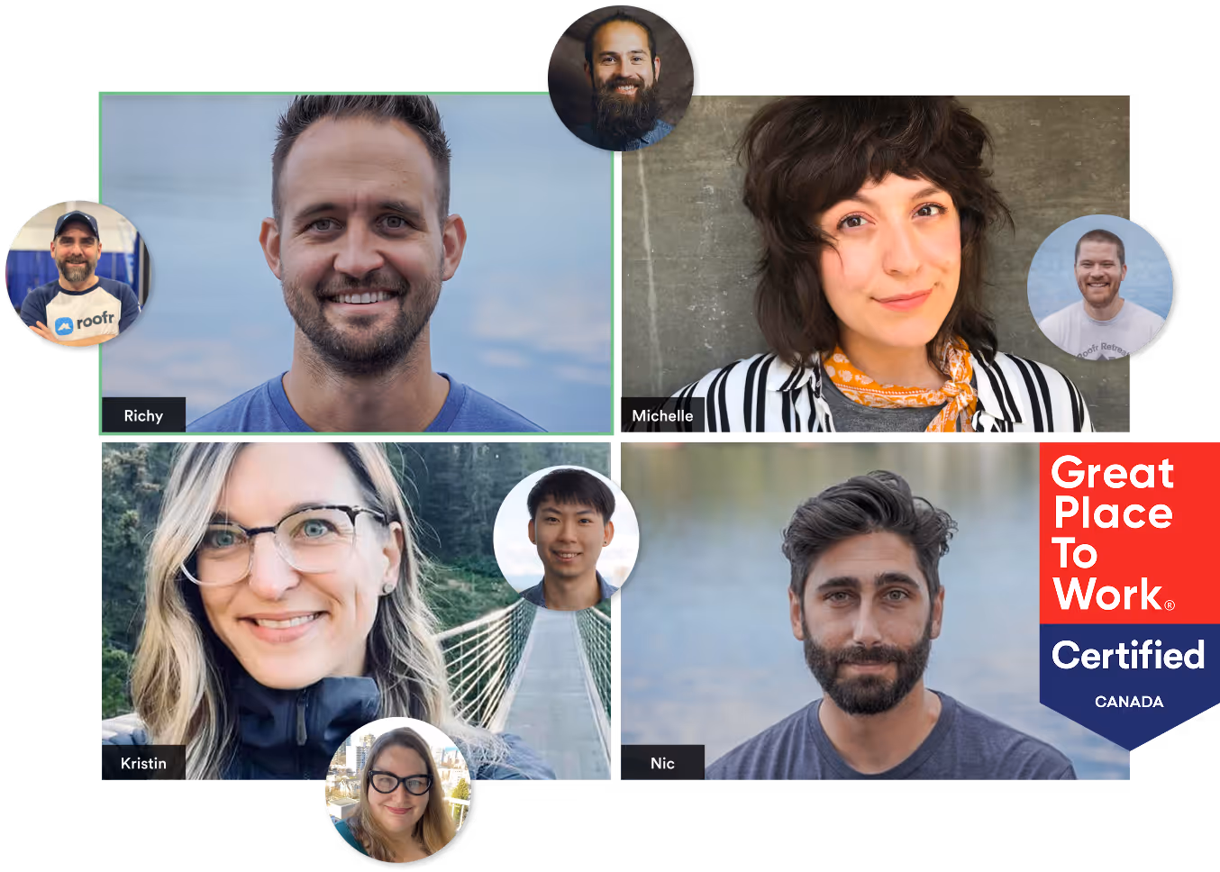 Collage of Roofr team members with circular headshots and a ‘Great Place To Work Certified Canada’ badge.
