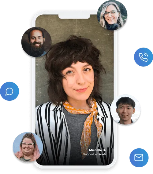 Mobile phone screen showing a woman with short dark hair, a striped shirt, and an orange scarf, labeled Michelle G., Support at Roofr, surrounded by headshots of four other people and icons for chat, call, and email.