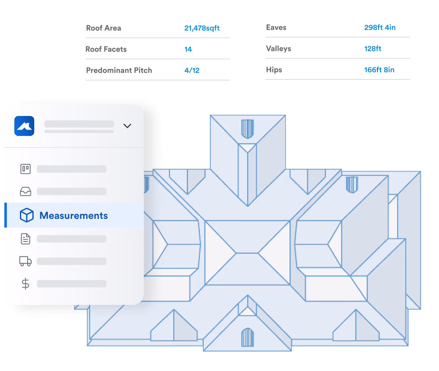 Sidebar menu with “Measurements” highlighted. To the right, a top‑down blueprint of a complex multi‑faceted roof. Above it, measurement summary text in two columns.