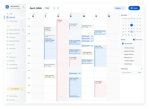 screenshot of Roofr’s calendar tool showing a weekly schedule view with sales appointments, inspections, and payment collection tasks.