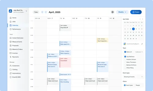 screenshot of Roofr’s calendar tool showing a weekly schedule view with sales appointments, inspections, and payment collection tasks with a light blue background.