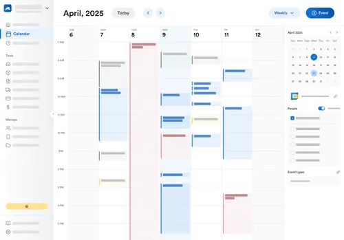 screenshot of Roofr’s calendar tool showing a weekly schedule view with sales appointments, inspections, and payment collection tasks with a light blue background.