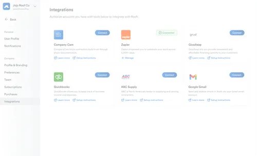 Integrations settings page for Jojo Roof Co in Roofr, showing connected and available third-party tools including Zapier, Company Cam, Goodleap, QuickBooks, ABC Supply, and Google Gmail