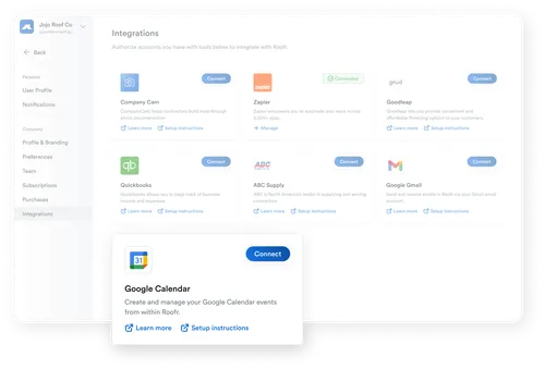 Integrations settings page for Jojo Roof Co in Roofr, showing connected and available third-party tools including Zapier, Company Cam, Goodleap, QuickBooks, ABC Supply, and Google Gmail
