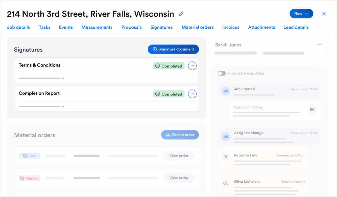 Roofr Job Card dashboard for “214 North 3rd Street, River Falls, Wisconsin” showing Signatures, Material orders, and an activity feed.
