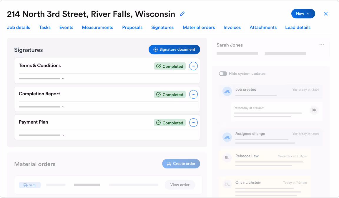 Roofr Job Card dashboard for “214 North 3rd Street, River Falls, Wisconsin” showing Signatures, Material orders, and an activity feed.