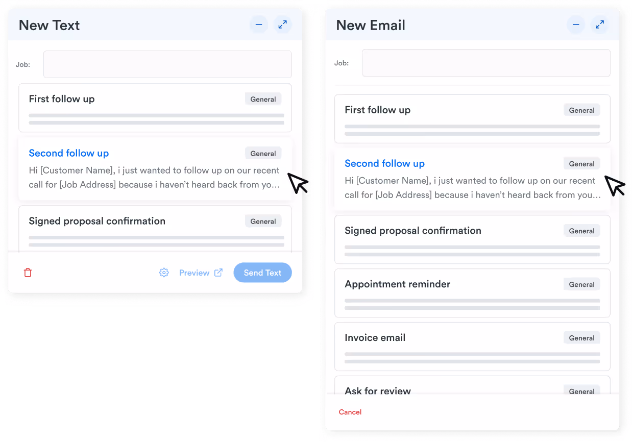 Two panels comparing ‘New Text’ and ‘New Email’ composer screens, each showing selectable message templates like ‘Second follow up,’ with preview snippets and send or cancel actions.
