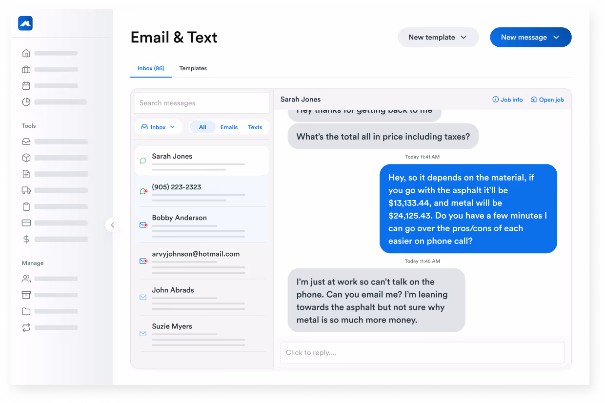 Roofr ‘Email & Text’ inbox showing a list of contacts on the left and an active SMS conversation with Sarah Jones on the right, including blue outgoing and gray incoming message bubbles.