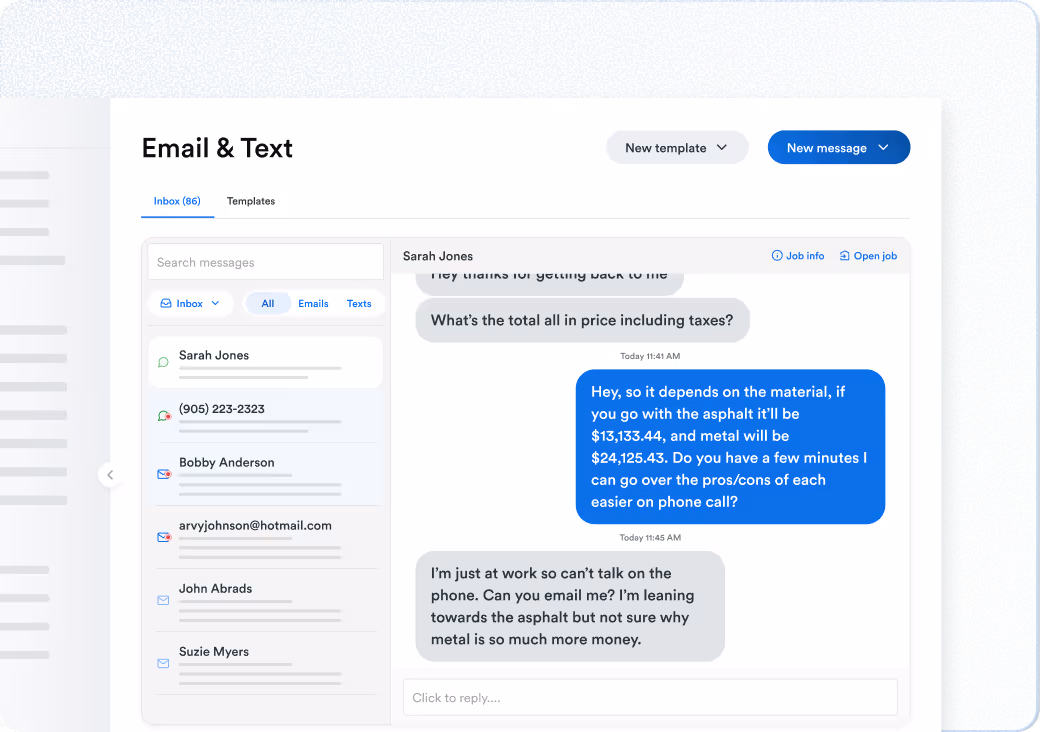 Messaging UI with conversation list on the left and a chat thread on the right showing blue outgoing message bubbles.