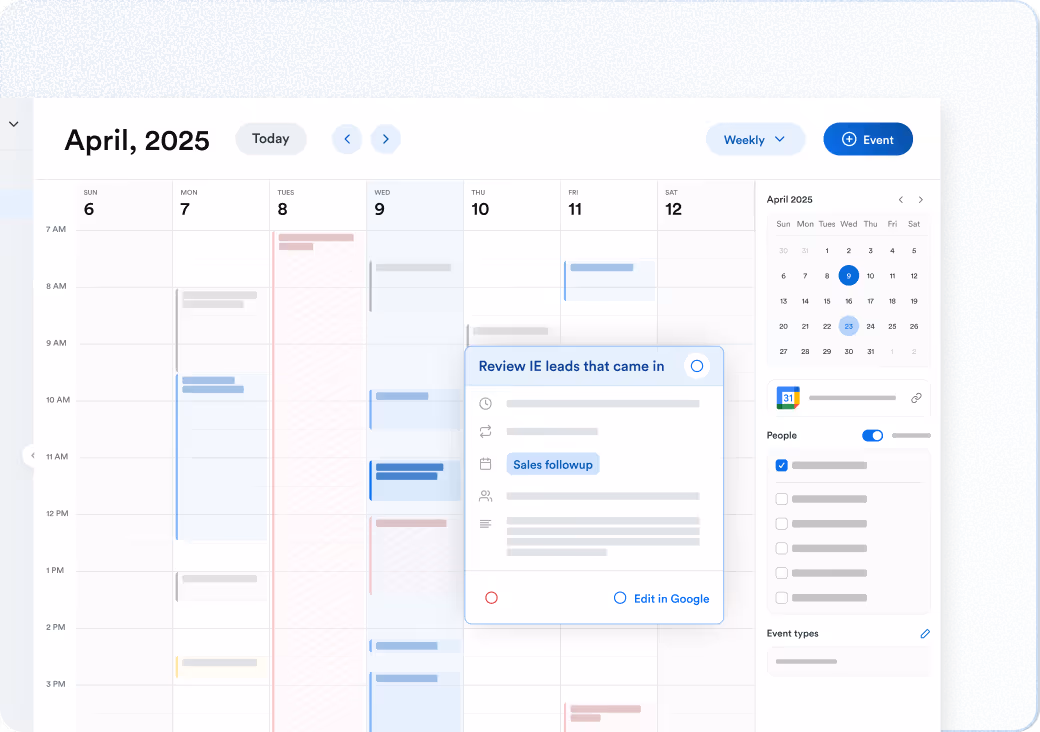 Weekly calendar with an event popover titled ‘Review IE leads that came in’; mini calendar and guest/settings panel on the right.