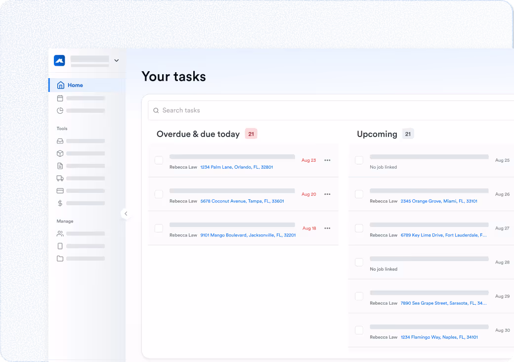 Tasks dashboard showing ‘Overdue & due today’ list on the left, ‘Upcoming’ list on the right, and a left sidebar navigation.