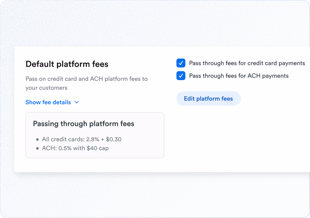 Settings page ‘Default platform fees’ with two checked options to pass fees through and a button labeled ‘Edit platform fees.’