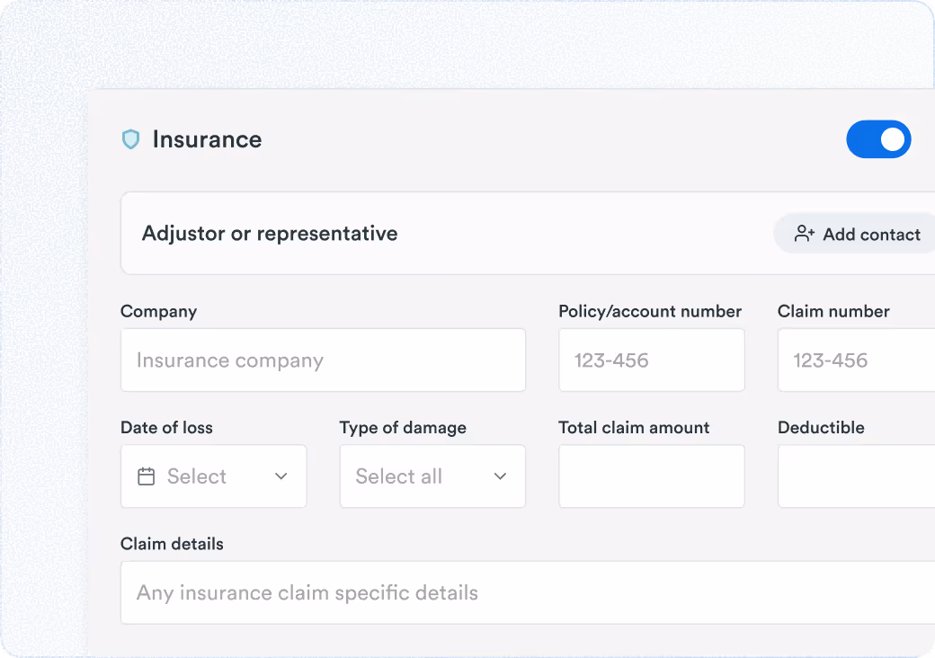 Insurance section form with toggle enabled, ‘Add contact’ button, and multiple input fields like company, claim numbers, and dates.