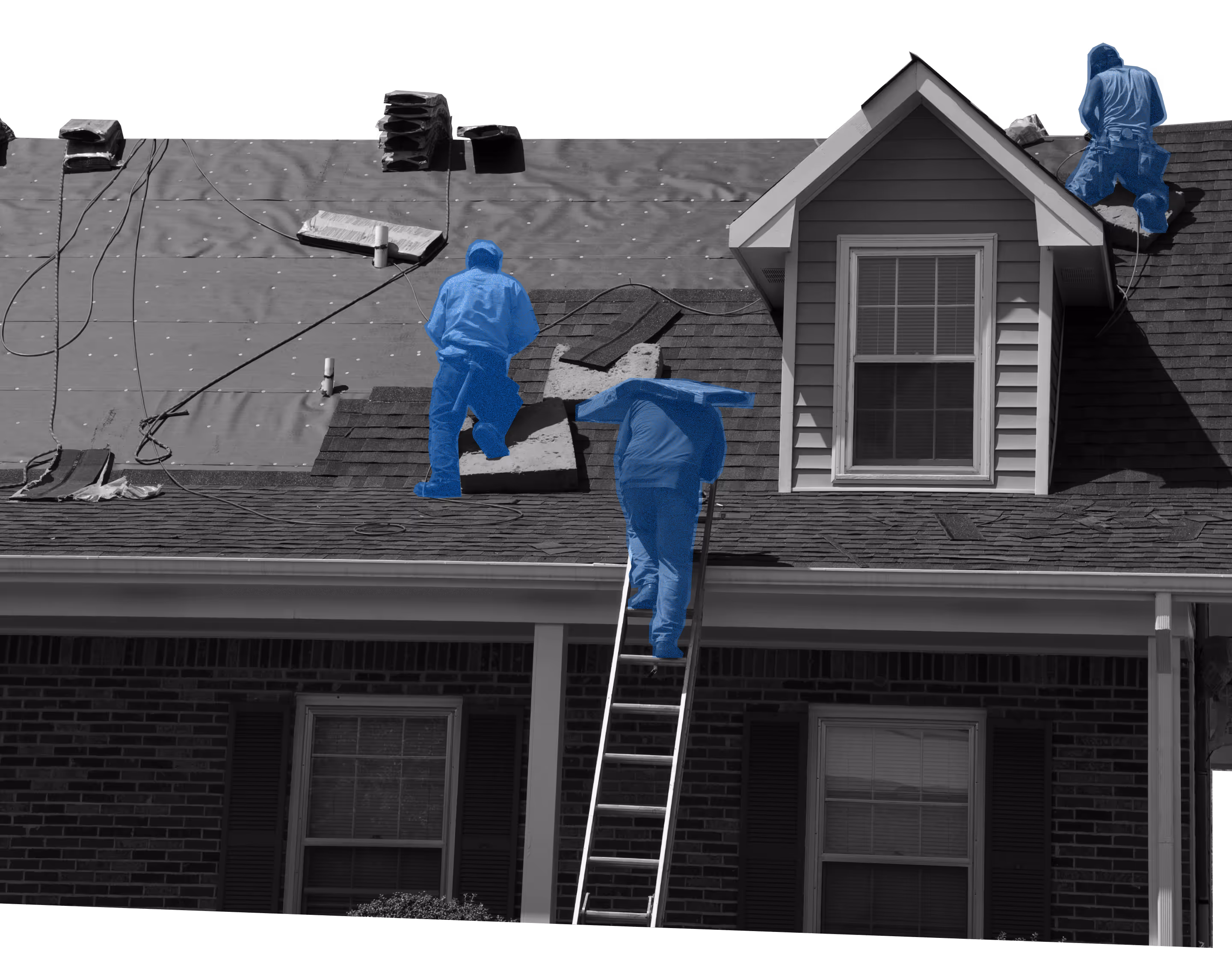 Four workers in blue coveralls repairing a shingled roof, one climbing a ladder carrying a shingle.