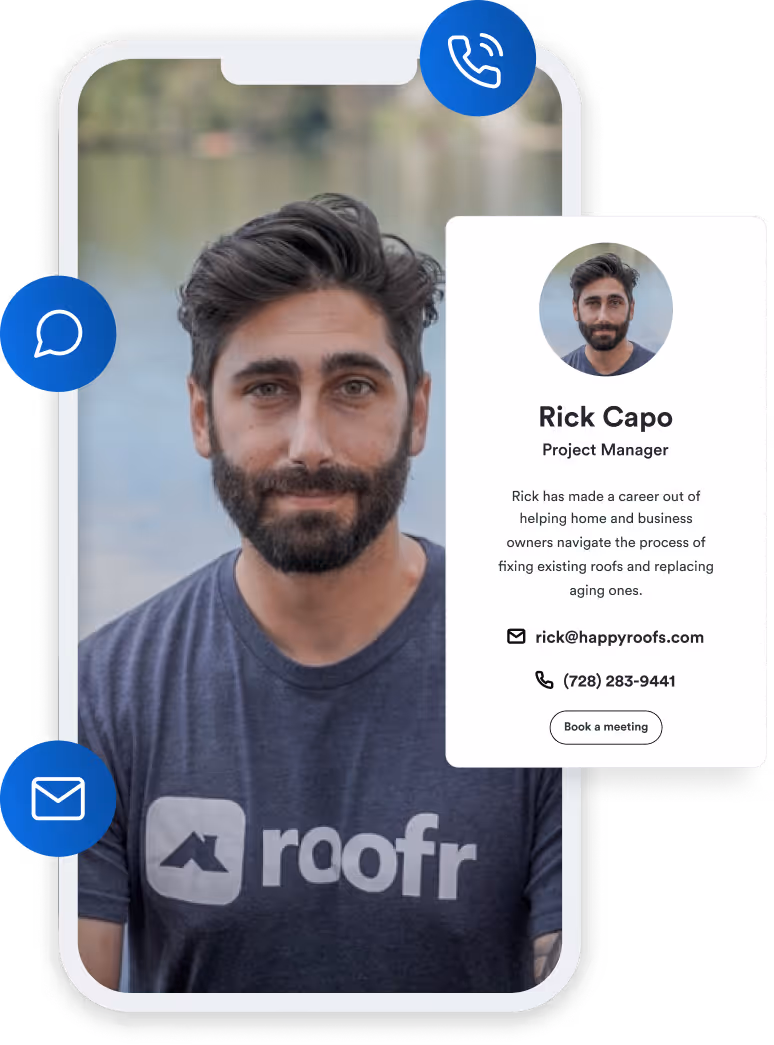 Profile card of Rick Capo, Project Manager at roofr, showing his portrait, contact email rick@happyroofs.com, phone number, and a button to book a meeting.