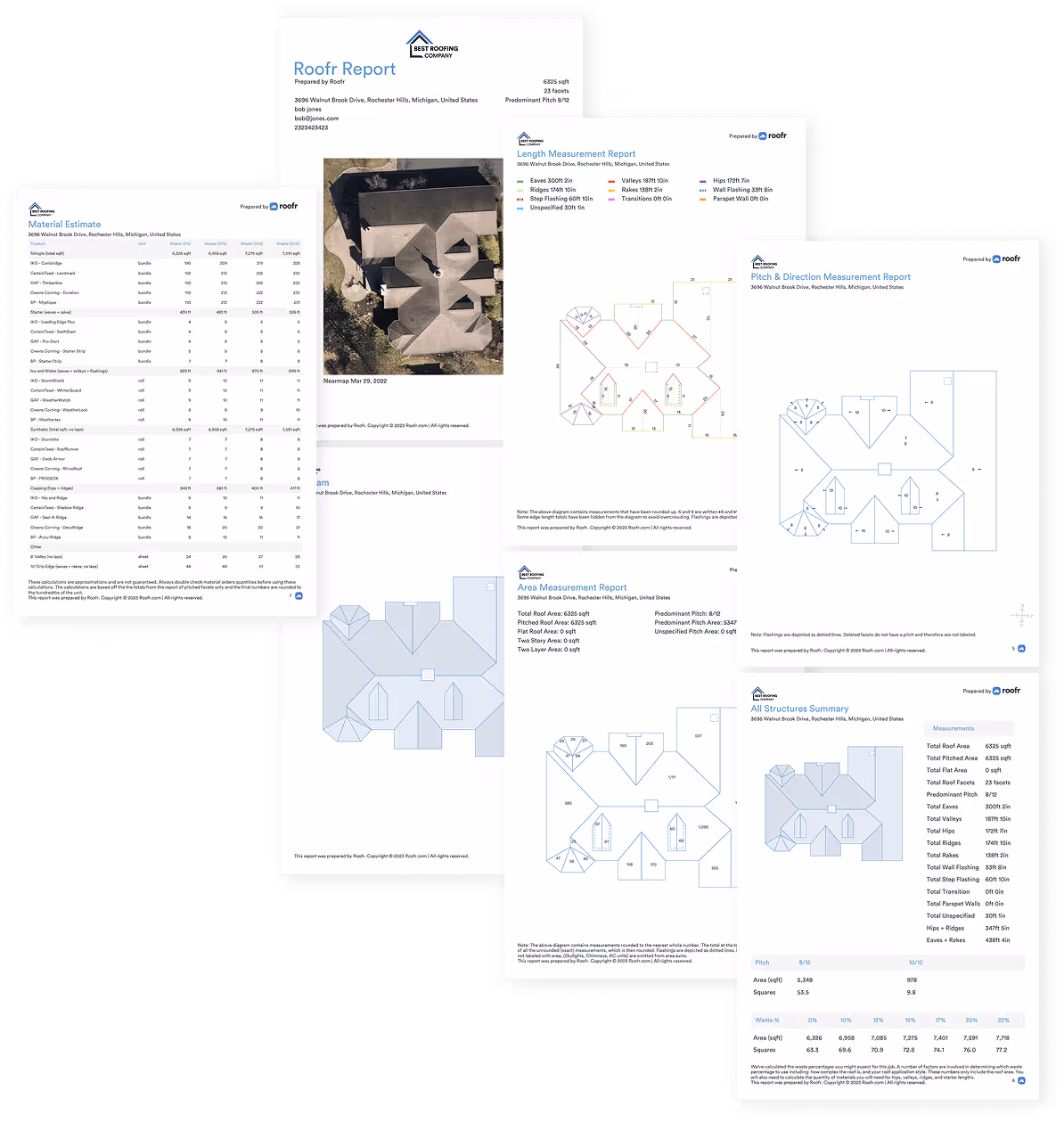 Multi-page roofing report showing roofing material estimates, aerial roof photo, length measurements, pitch and direction diagram, area measurements, and structure summary for a house in Rochester Hills, Michigan.
