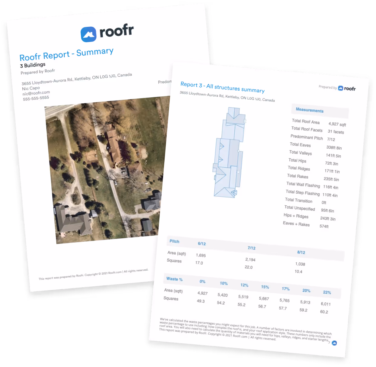 Two roof measurement report pages by Roofr; one shows an aerial photo of a property, the other displays a roof schematic with detailed measurements and waste percentage calculations.