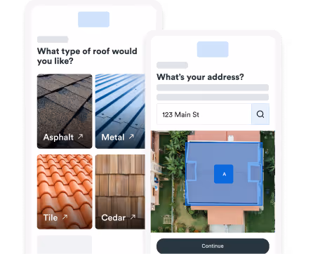 Mobile app screens showing roof type options with images of Asphalt, Metal, Tile, and Cedar, and an address input screen displaying 123 Main St with a roof plan view.