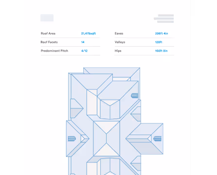 Architectural roof plan with measurements including roof area, facets, pitch, eaves, valleys, and hips.