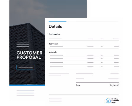 Customer proposal document showing estimate details for roof repair and materials totaling $2,541.00 with roofing company logo.