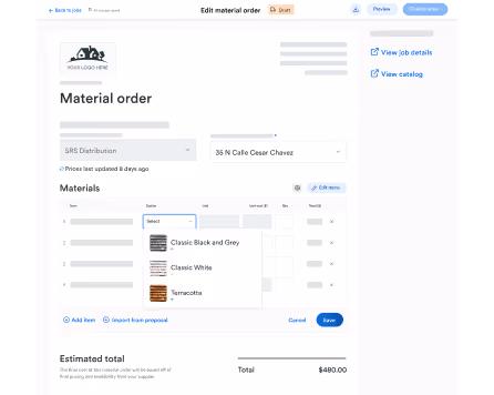 Material order form interface showing dropdown menus for supplier and address, a list of materials with editable quantities and options, and a total cost of $480.00.