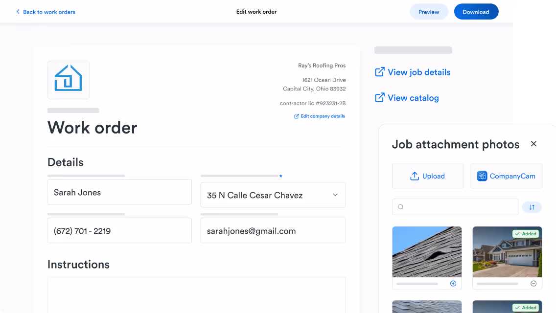 Interface showing Sales Appointment Text Automation with a condition that triggers a text to the job contact when a sales appointment event is created, sending a project start reminder message about roofing project start date and customer satisfaction.