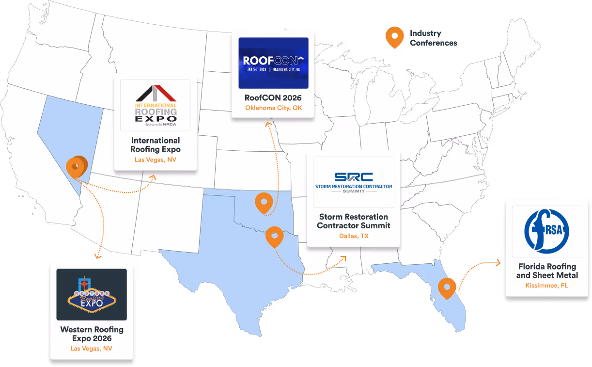 Map of the United States highlighting locations of roofing industry conferences in Las Vegas NV, Oklahoma City OK, Dallas TX, and Kissimmee FL with event names and logos.