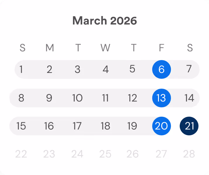 Calendar of March 2026 showing Fridays 6, 13, and 20 highlighted in blue and Saturday 21 highlighted in dark blue.