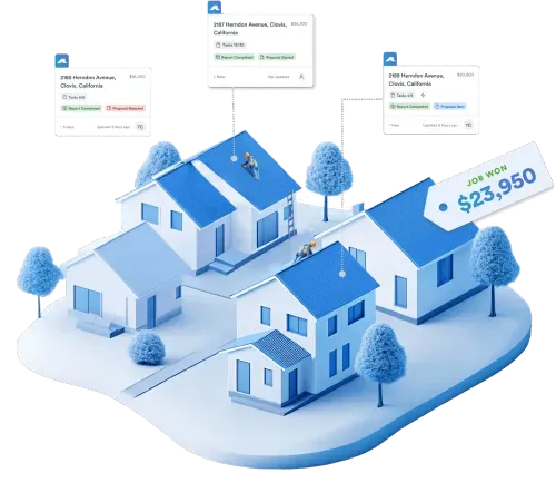 Illustration of four houses with blue roofs and workers on two roofs, with overlaid text boxes showing job addresses and status updates, and a price tag of $23,950 labeled 'Job Won'.