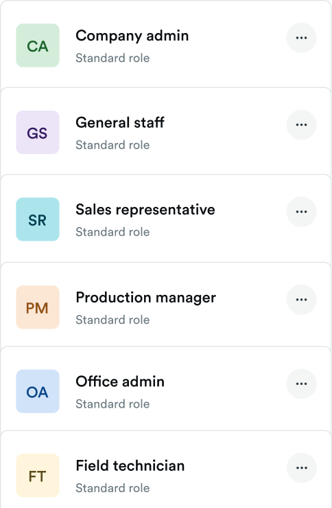 List of roles with colored initial icons: Company admin, General staff, Sales representative, Production manager, Office admin, and Field technician, each labeled as standard role with a menu icon to the right.