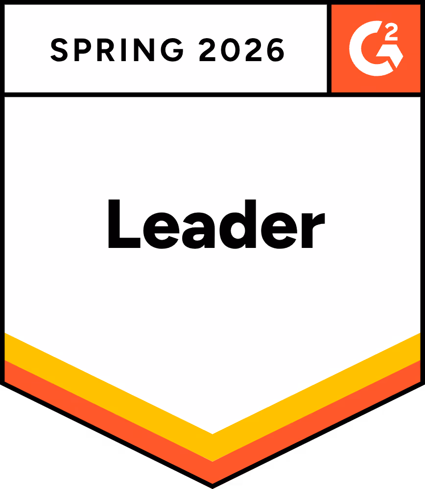 G2 Spring 2026 Leader badge with bold black text and orange and yellow chevron stripes at the bottom.