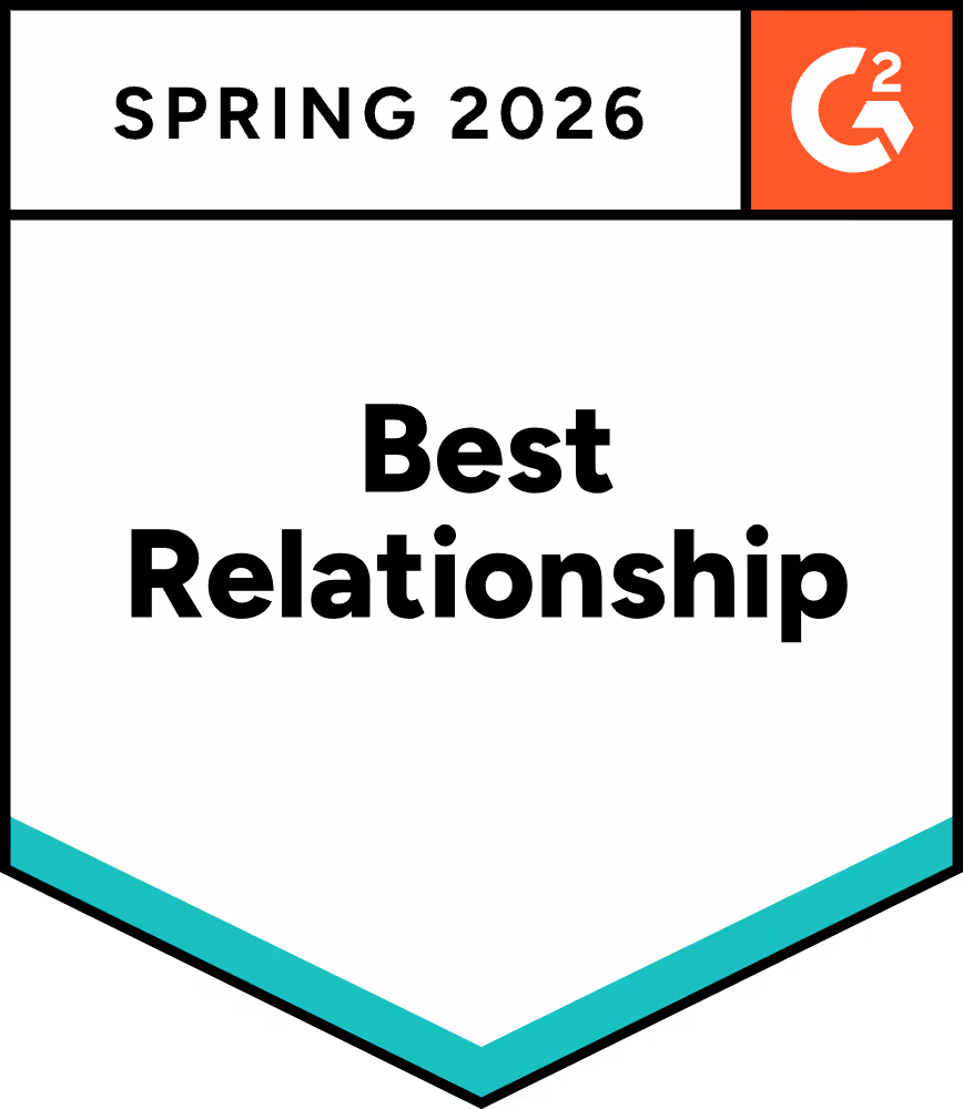 G2 Spring 2026 Best Relationship award badge with teal and black border.