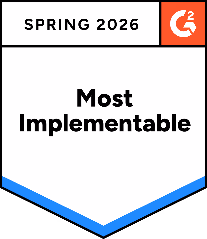 G2 badge for Most Implementable in Spring 2026 with blue accent and orange G2 logo.