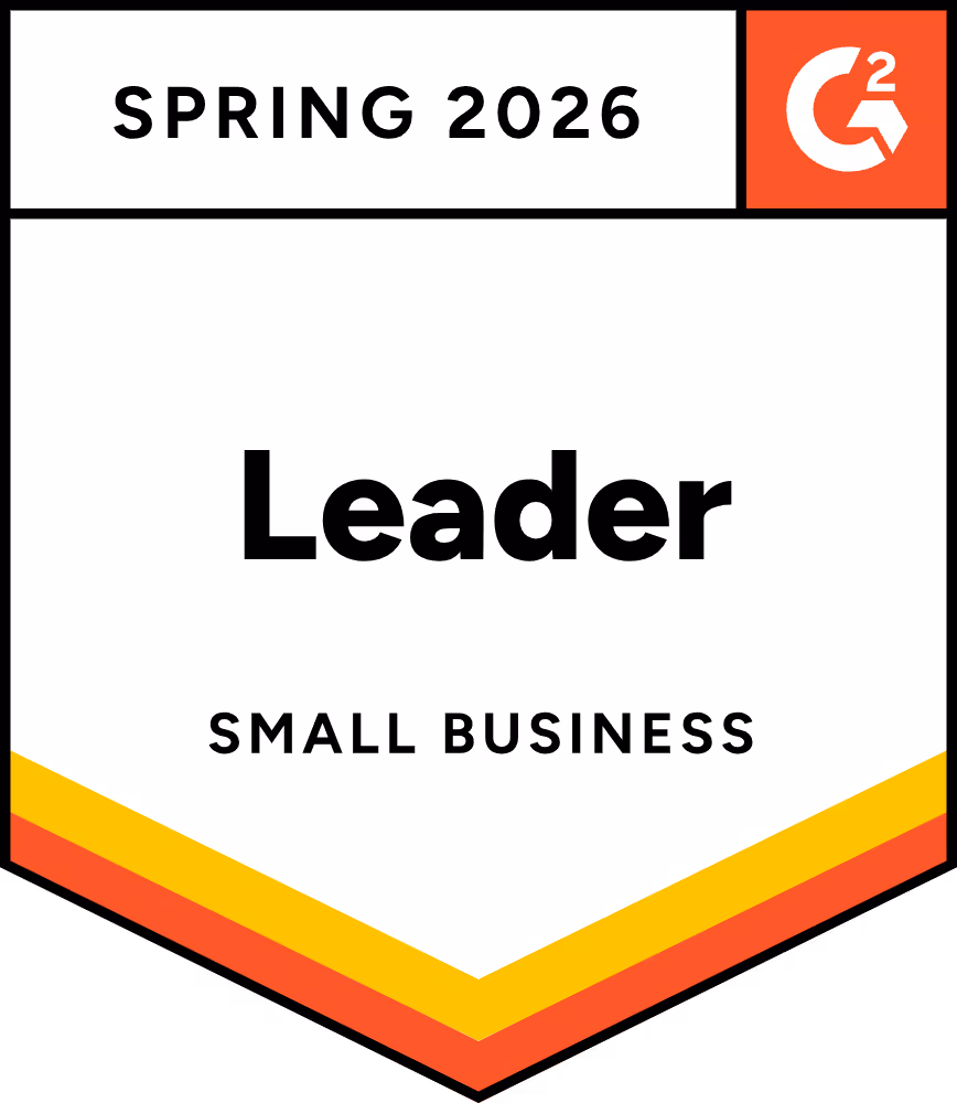 G2 Leader badge for Small Business, Spring 2026.