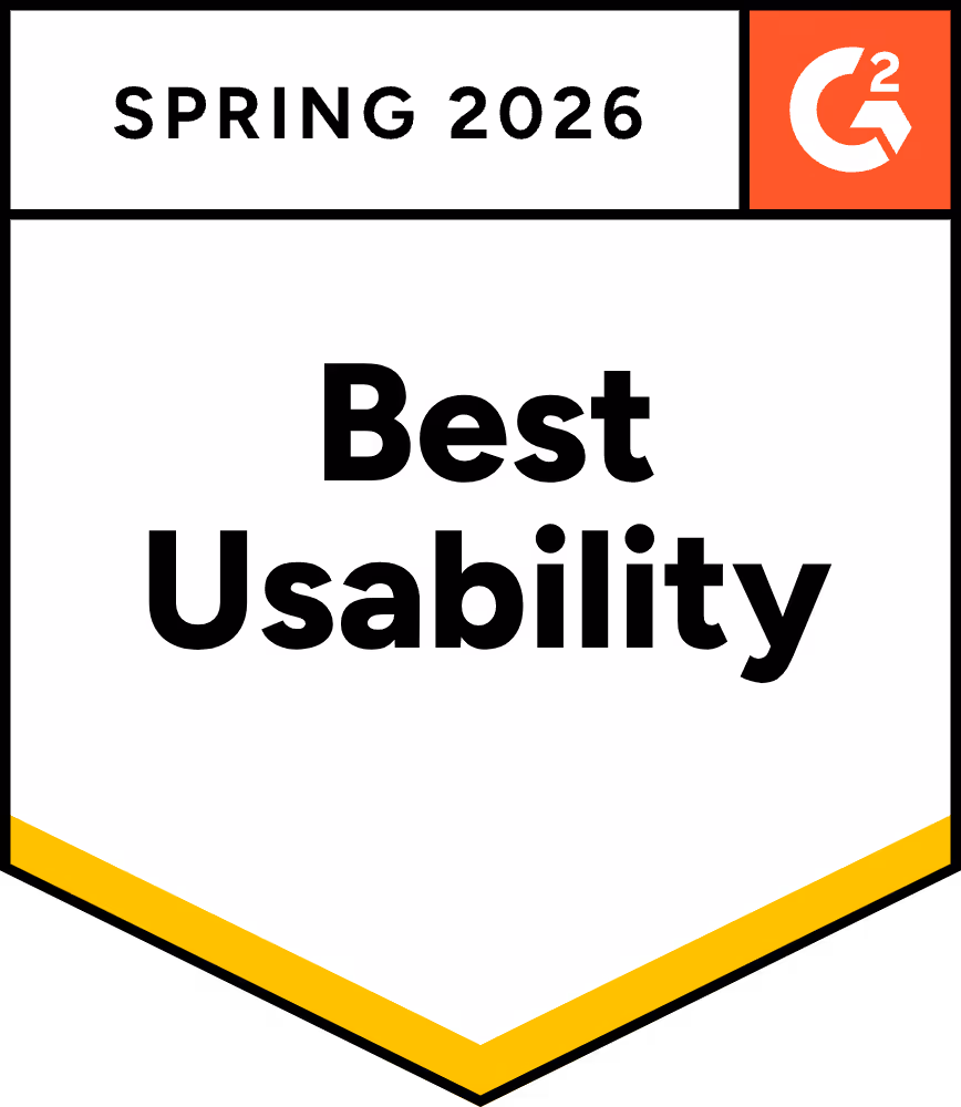 G2 award badge for Best Usability, Spring 2026.