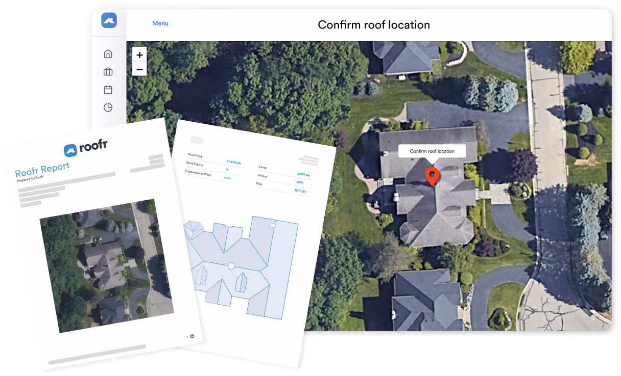 Aerial view of a house with a red location pin on its roof and roof report pages beside it.