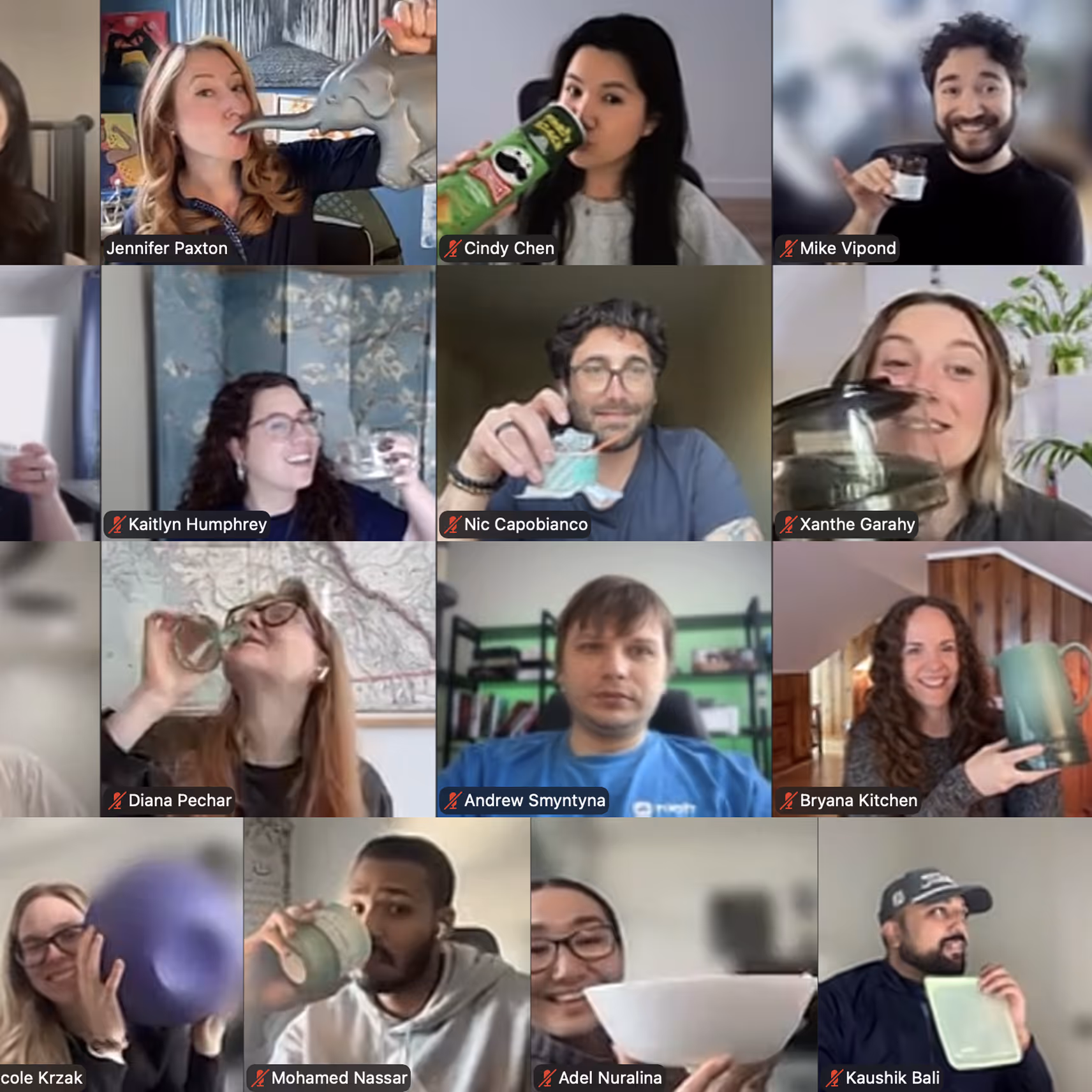 Grid view of diverse people on a video call holding or drinking from various cups, mugs, and containers.
