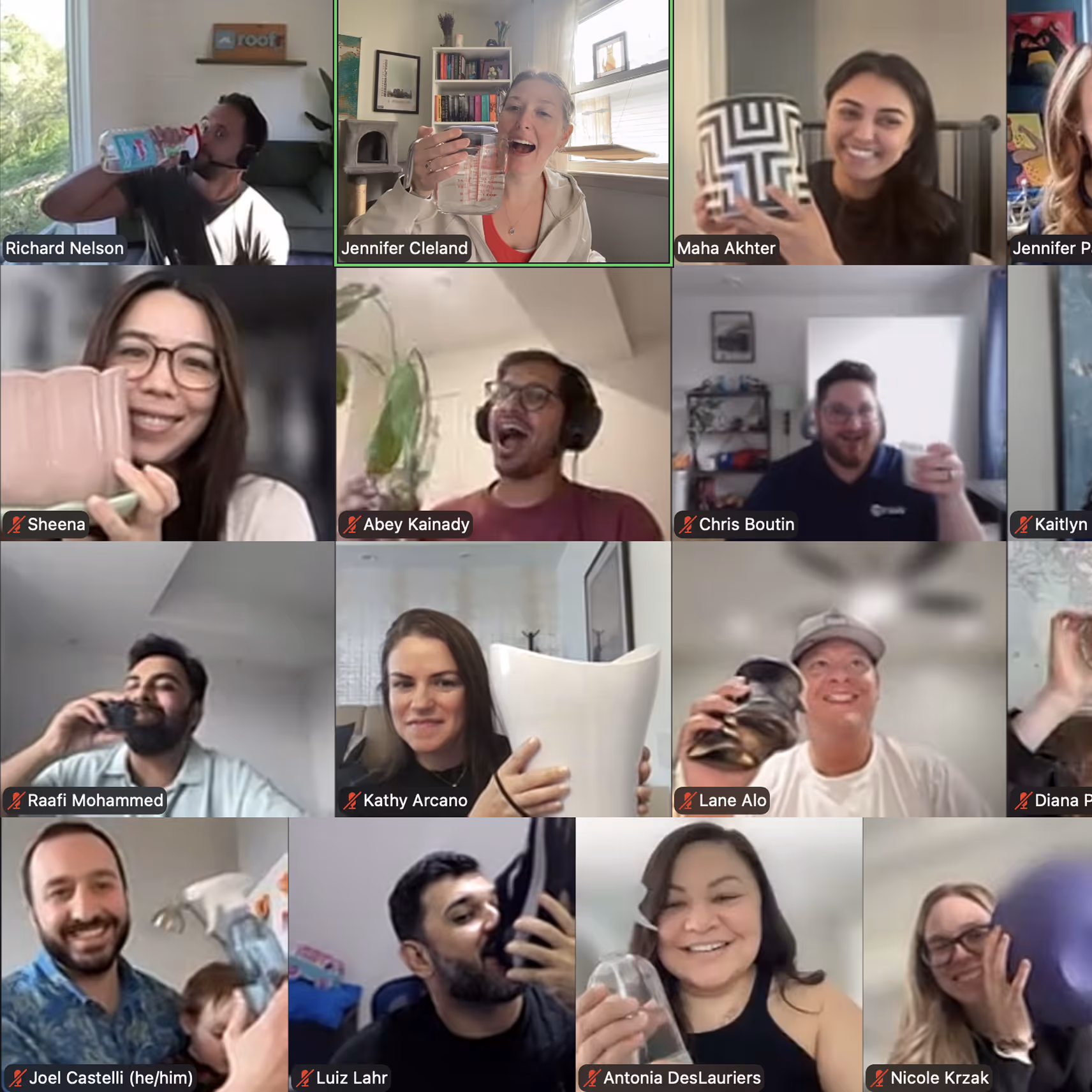 Virtual meeting grid with multiple participants holding or drinking from various cups, bottles, and mugs, all smiling or laughing.