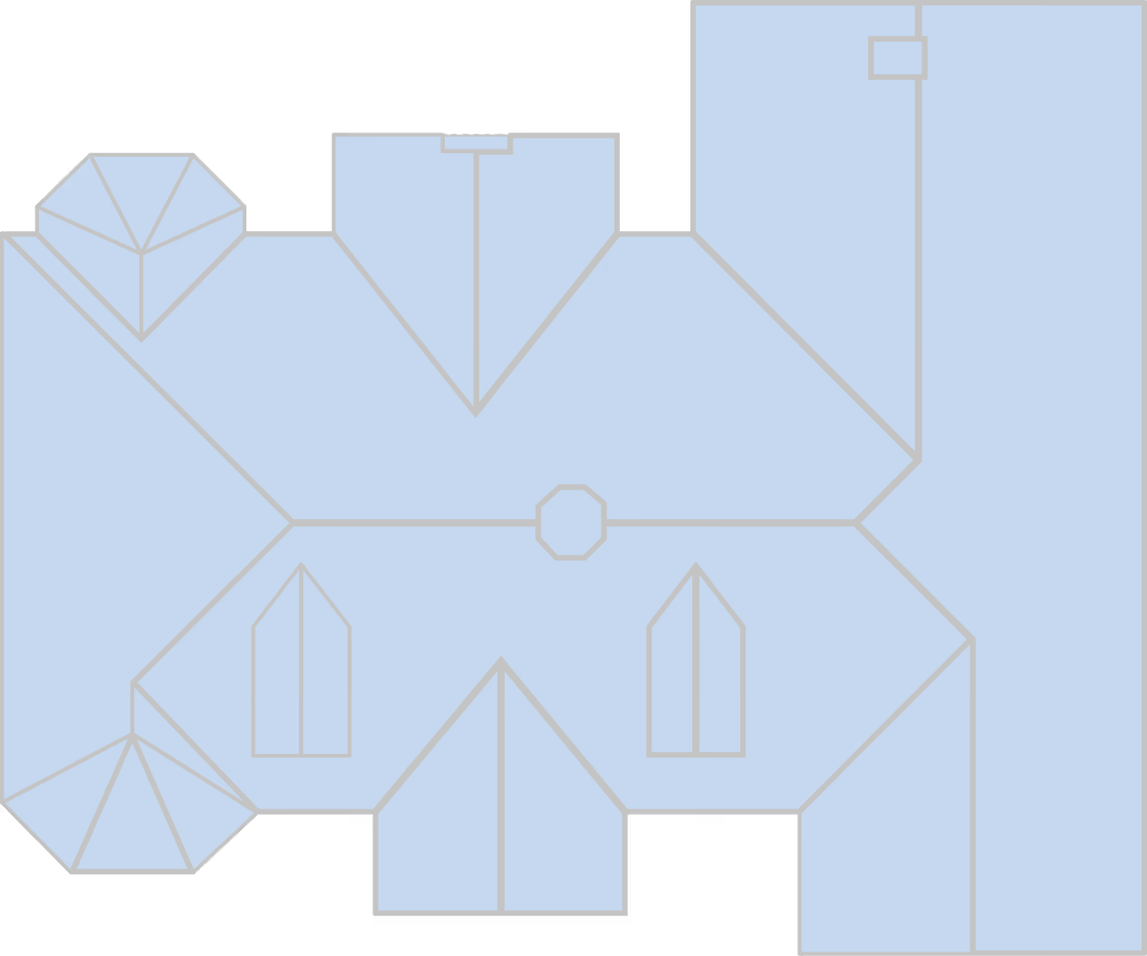 Stylized blue house roof with multiple gables, dormers, and a chimney outline on a transparent background.