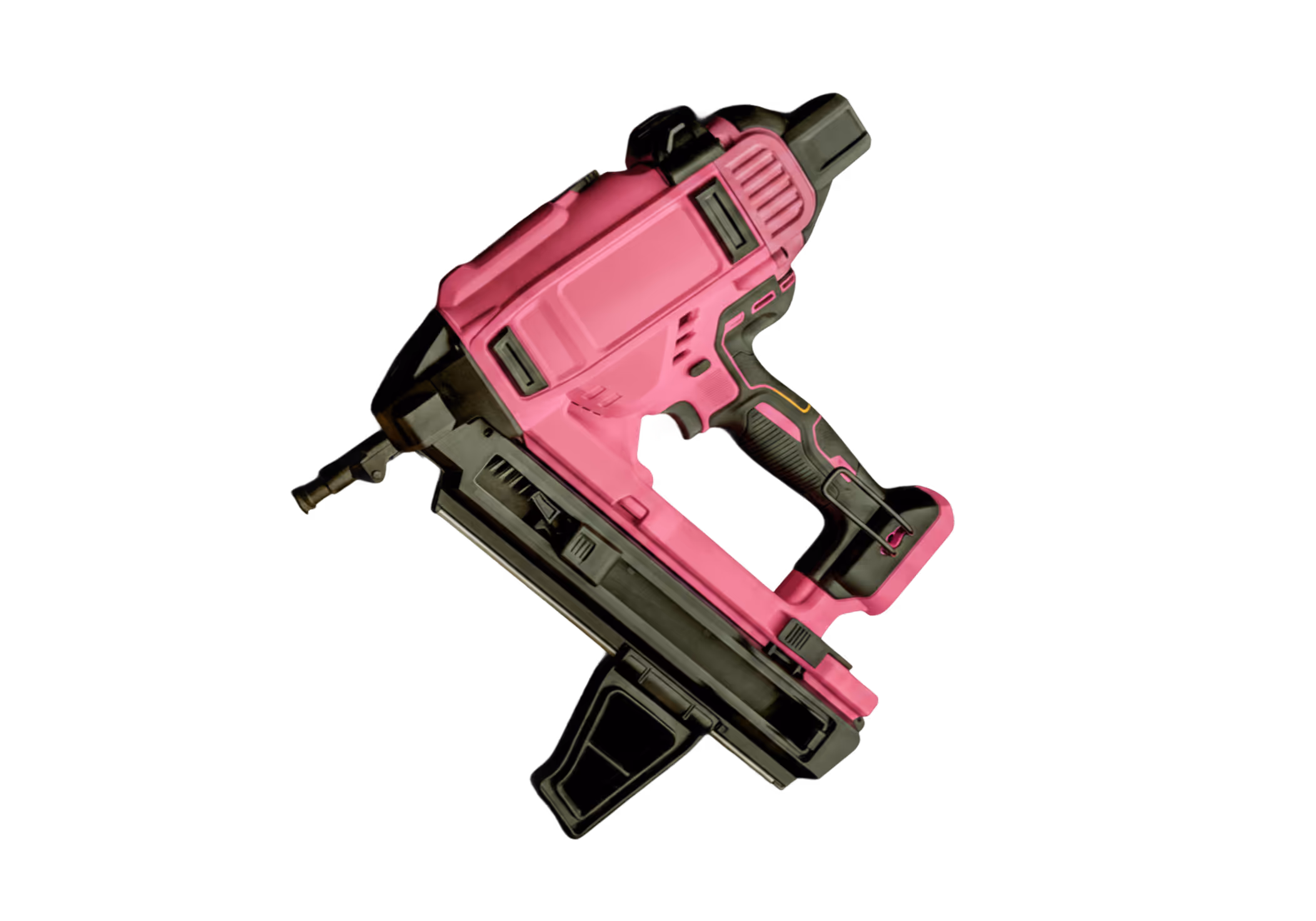 Pink and black cordless nail gun tool isolated on black background.