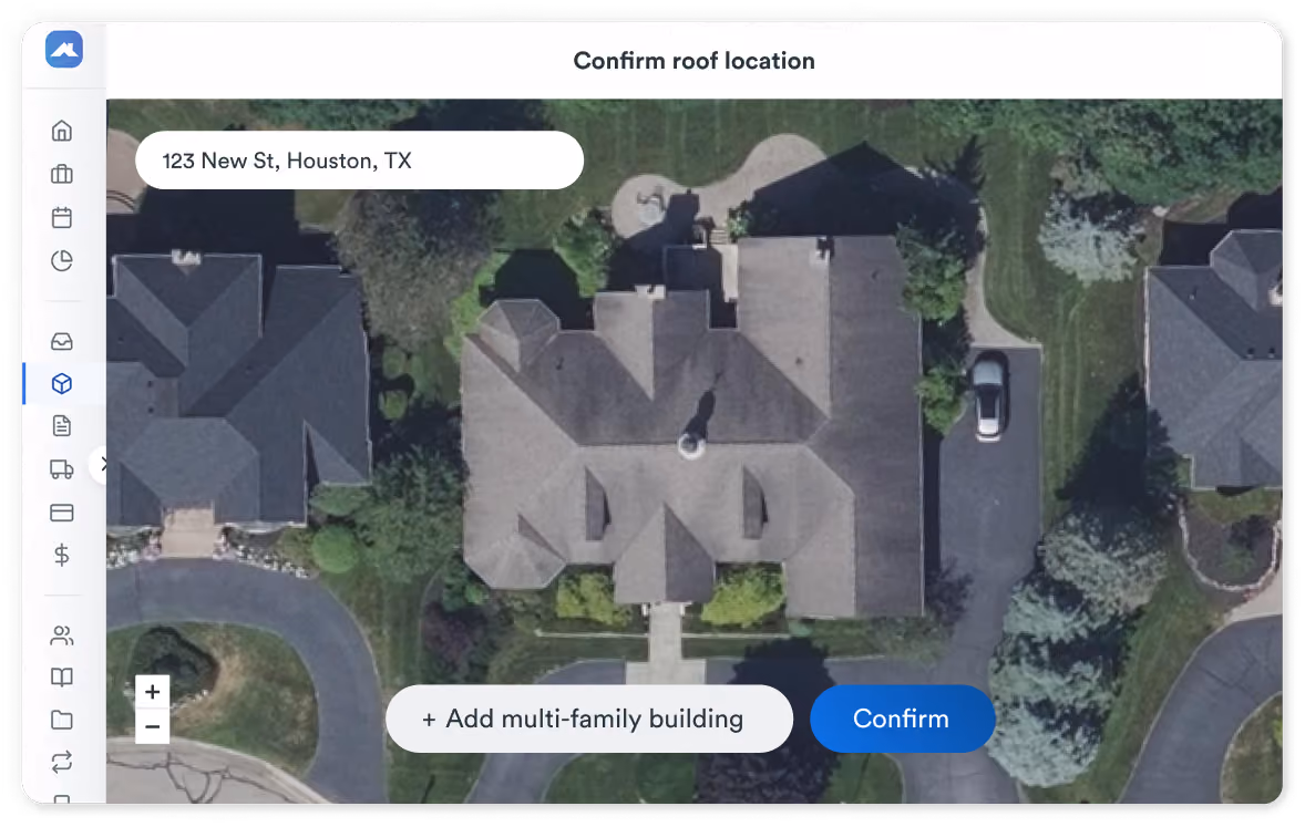 Aerial satellite image of a residential neighborhood showing rooftops, lawns, driveways, and trees with a user interface overlay to confirm roof location at 123 New St, Houston, TX, including buttons labeled '+ Add multi-family building' and 'Confirm'.