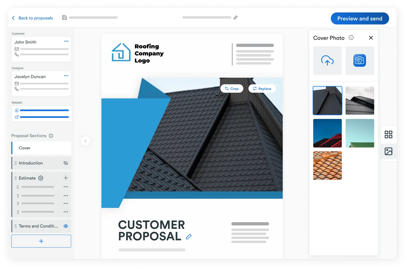 User interface of a proposal editing software showing sections for a customer proposal named for John Smith with a roofing company logo, roof image, and options to crop or replace the cover photo.