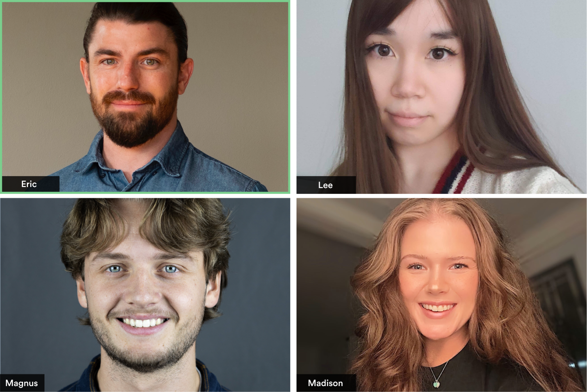Headshots of four individuals arranged in a grid with names labeled: Eric with a beard and denim shirt, Lee with long straight hair wearing a white sweater with red stripes, Magnus smiling with wavy light brown hair and a dark shirt, and Madison with long curly light brown hair and a black top, smiling warmly.