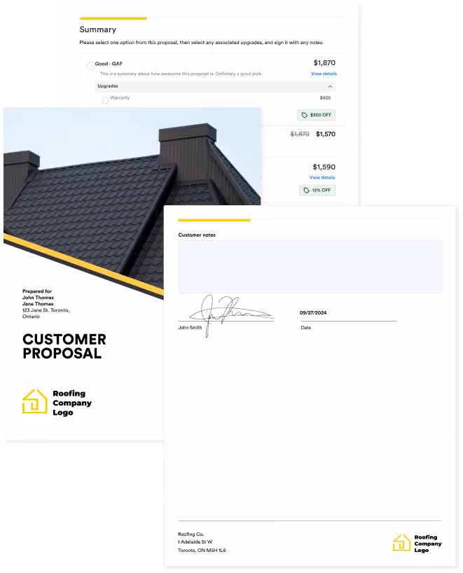 A digital roofing proposal document showing a customer summary with pricing options, upgrade selections, and a signed acceptance page. The proposal includes a company-branded cover page with a house roof image, the customer's name and address, and a signature section labeled "Customer notes" signed by John Smith on 09/27/2024. The company logo is displayed at the bottom.